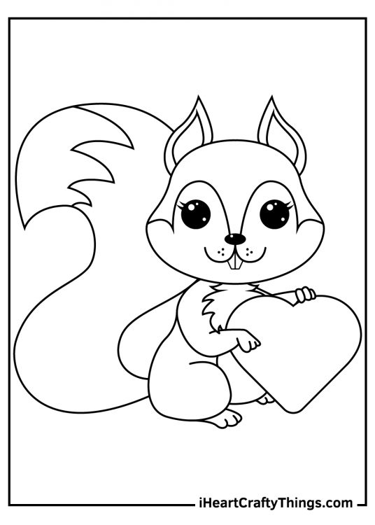 Coloring page printable for kids featuring cartoony squirrel holding a big heart