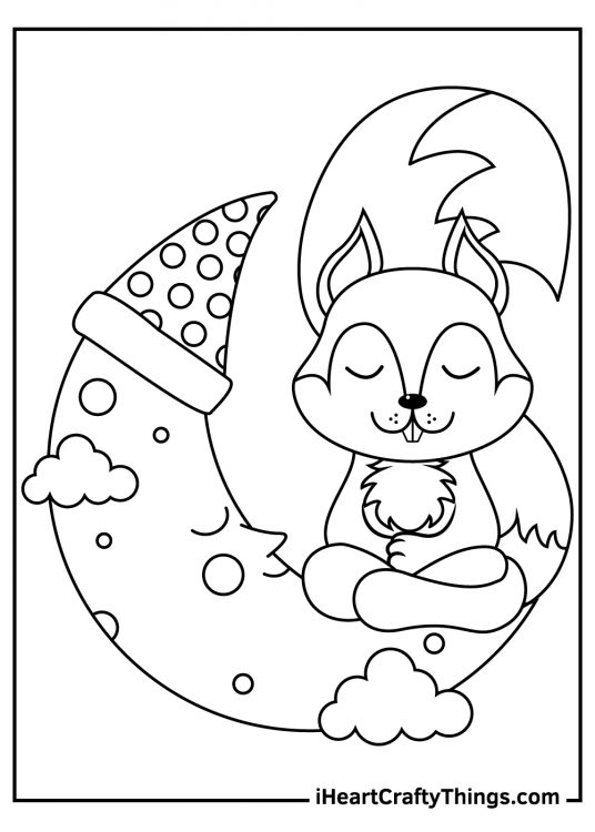 Adorable coloring page for children presenting squirrel sleeping on a cartoony crescent moon