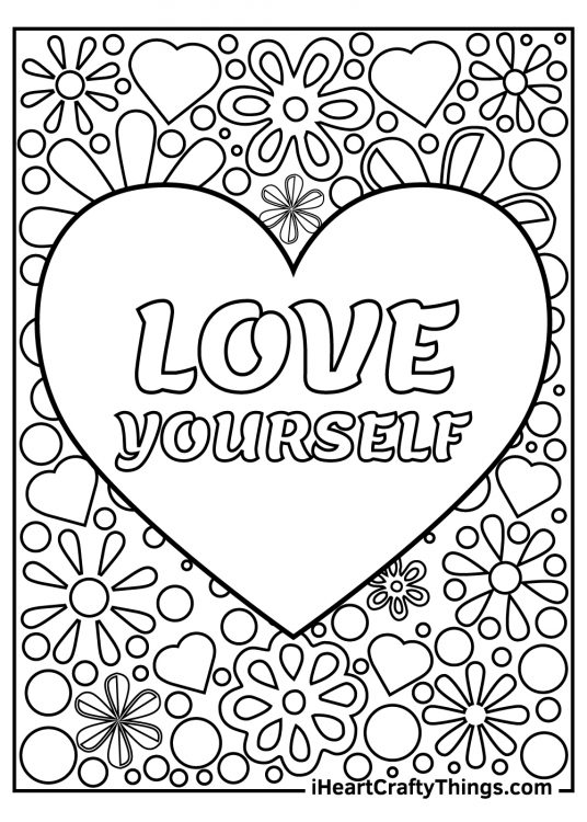 Coloring sheet of a message Love Yourself written inside a big heart with various shapes surrounding it