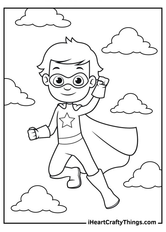 Coloring image for kids of a boy in a Superhero outfit flying high in the sky among fluffy clouds