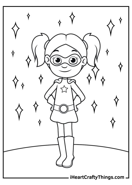 Superhero-themed printable coloring sheet presenting girl in a super-girl outfit with sparkles behind her
