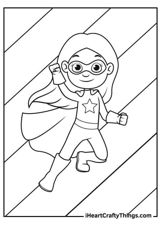 Printable picture of a heroic girl in Superhero outfit jumping in the air with segmented background behind her