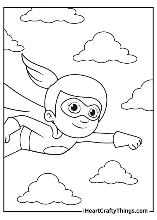 Coloring image presenting close-up of a girl dressed as a Superhero soaring through the sky