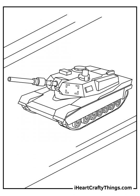 Detailed printable coloring sheet for kids depicting a tank heading off down a road