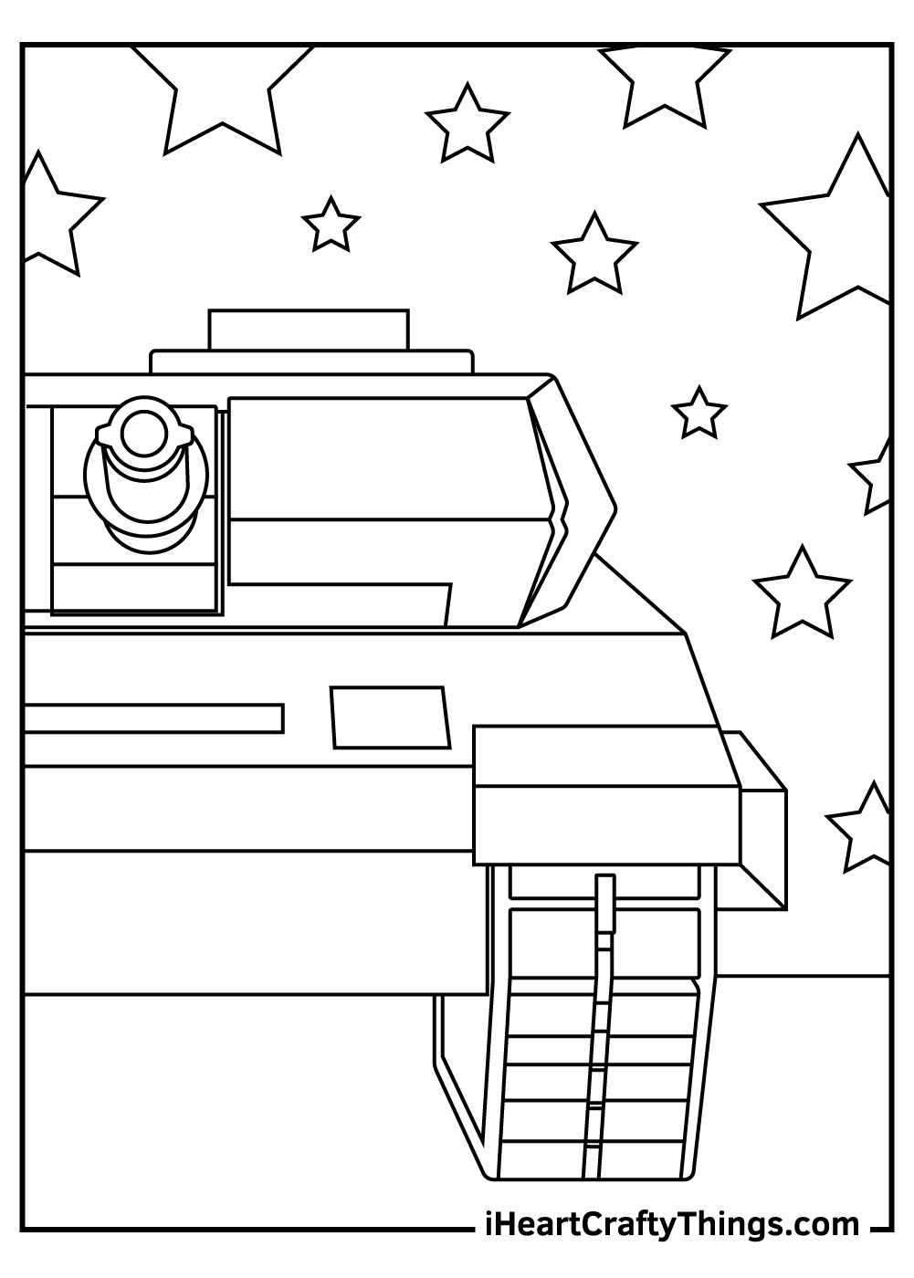 Printable coloring sheet featuring half of the tank with stars in the background