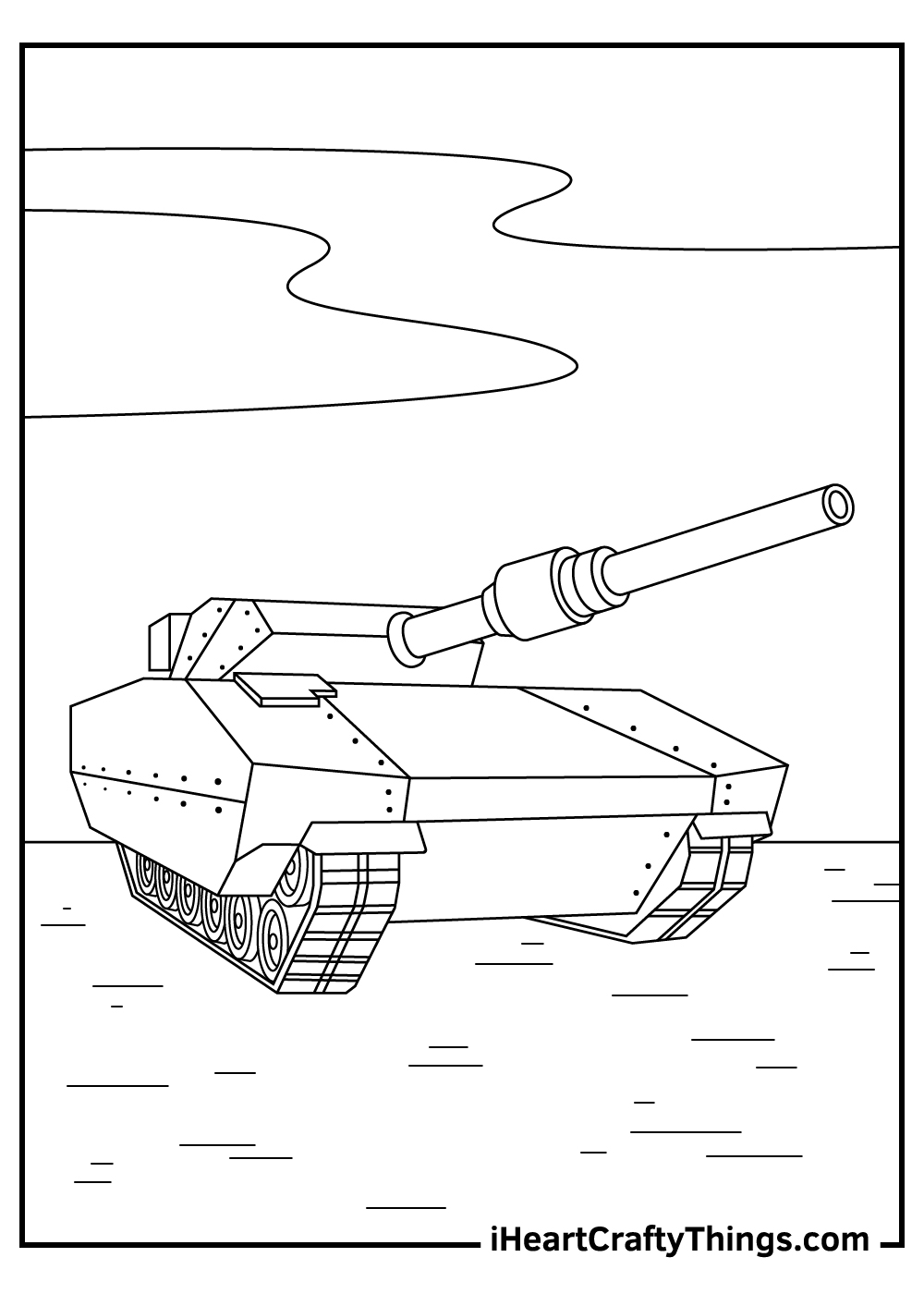 Free printable picture to color presenting an outdoor scene of a tank with raised up barrel