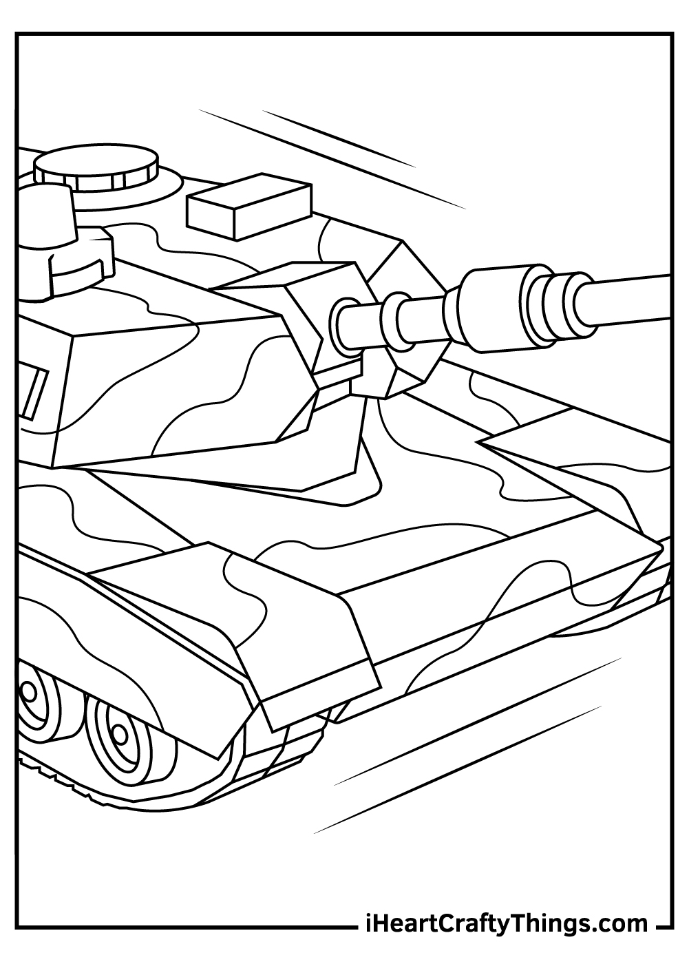 Coloring image featuring the front of the tank with an intricate camouflage pattern