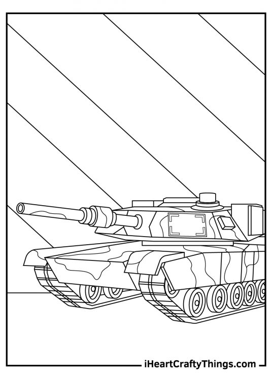 Tank-themed printable coloring page presenting camouflaged tank with segmented background