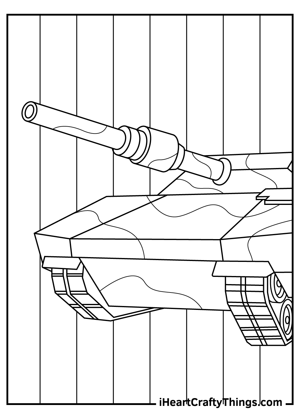 Free tank-themed coloring page featuring the front of a camouflaged tank and its gun barrel