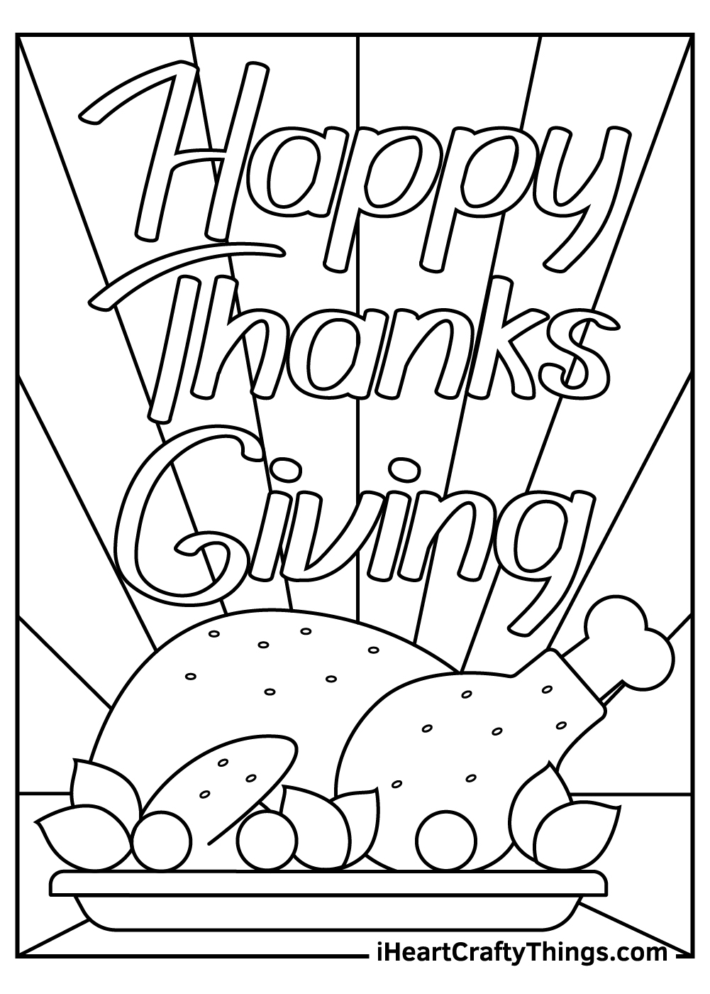 Coloring picture featuring roast turkey on the plate with ''Happy Thanksgiving'' phrase above