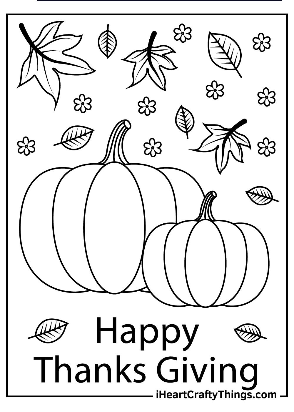 Free coloring sheet of two pumpkins with Fall leaves in the background and a ''Happy Thanks Giving'' phrase underneath