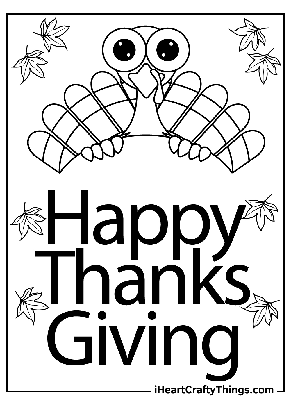 Cute turkey surrounded by Fall leaves with a ''Happy Thanks Giving'' phrase below free coloring page