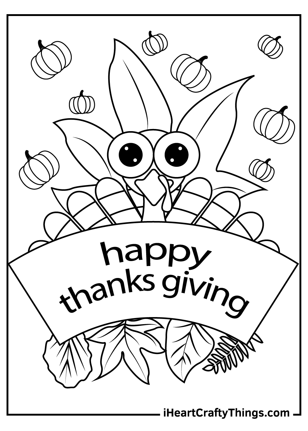 Coloring page featuring funny turkey surrounded by pumpkins and leaves holding a ''Happy Thanksgiving'' banner