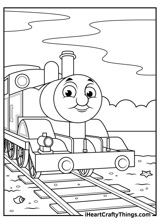 Detailed coloring picture for children featuring happy-looking Thomas the Train at the beach