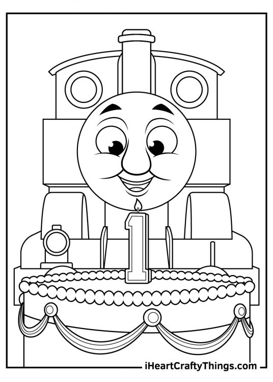 Coloring image of a Thomas the Train and a birthday cake with a number 1 candle in front of him