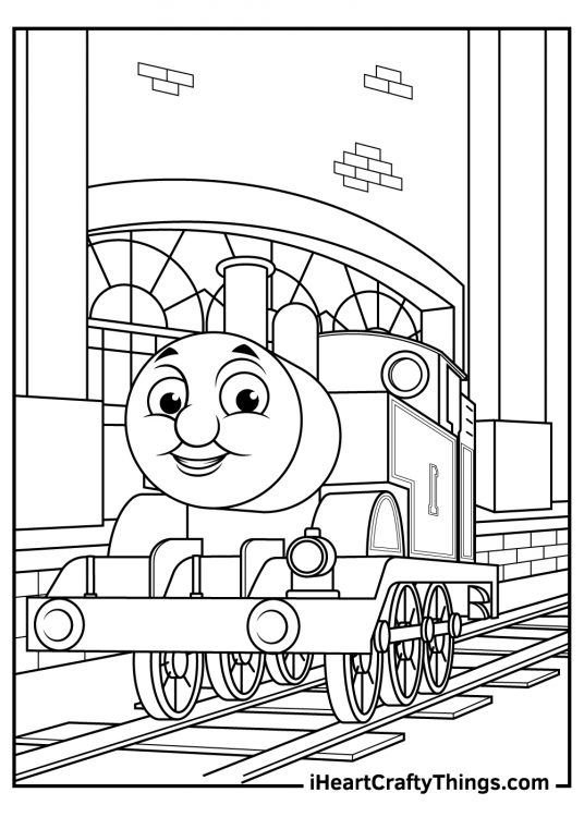 Detailed drawing of a Thomas the Train at the train station with bricked walls behind him