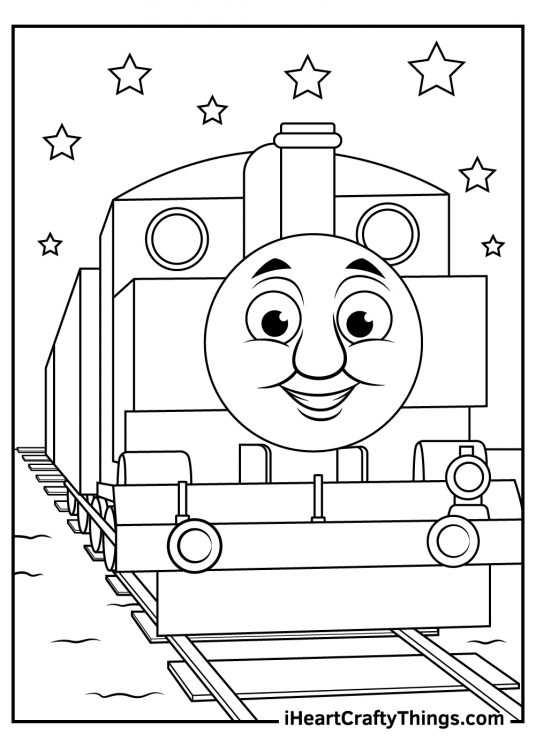 Free coloring picture for kids presenting Thomas the Train with stars shining above him