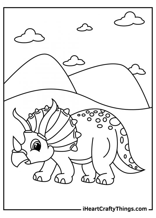 Coloring page presenting a cute triceratops with spots on its body and some mountains in the background