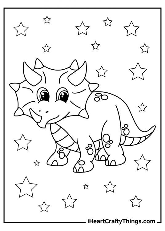 Coloring page for pre-schoolers depicting cute spotted triceraptops surrounded by stars