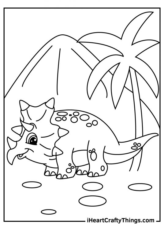 Coloring drawing for kids of a triceratops with palm tree and mountain in the background