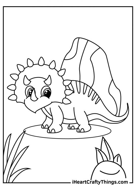 Printable poster depicting triceratops standing in a circle in front of some rocks