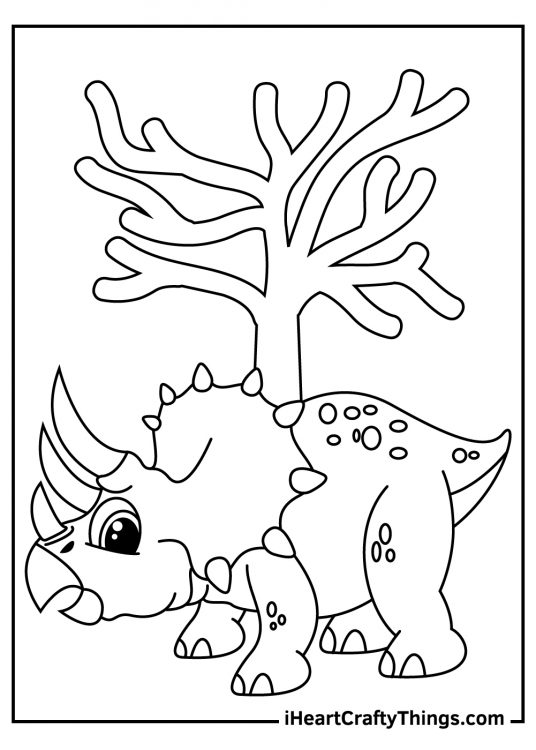 Picture to print and color of a triceratops standing in front of unusual prehistoric looking tree