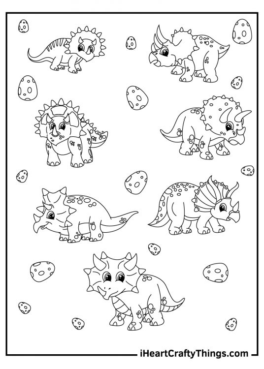 Printable poster which features a collection of seven different triceratops surrounded by some exotic eggs