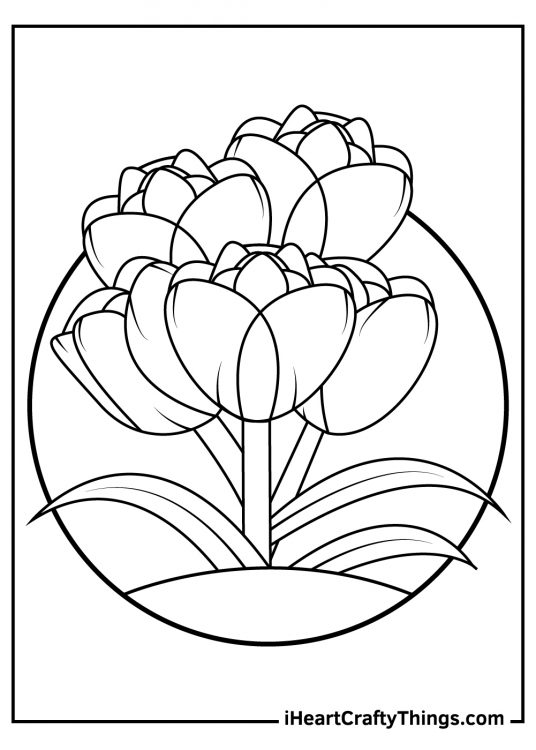Tulip-inspired coloring picture featuring a bouquet of tulips framed by a circle