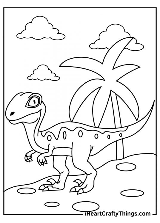 Coloring sheet for kids showing cartoony velociraptor featured in a prehistoric jungle