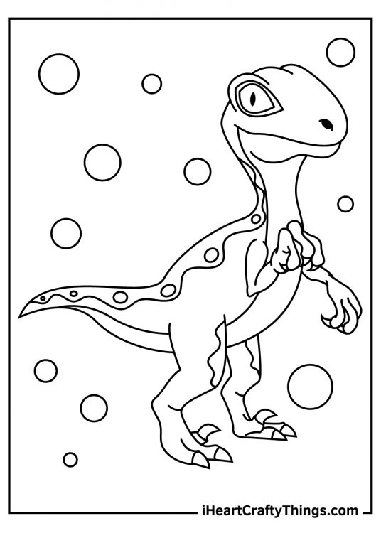 Coloring page for pre-schoolers featuring cartoony velociraptor surrounded by various size circles