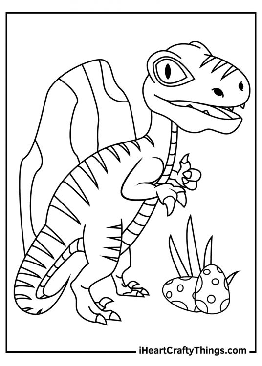 Coloring sheet featuring velociraptor standing in front of big rock with two eggs laying on the ground near him