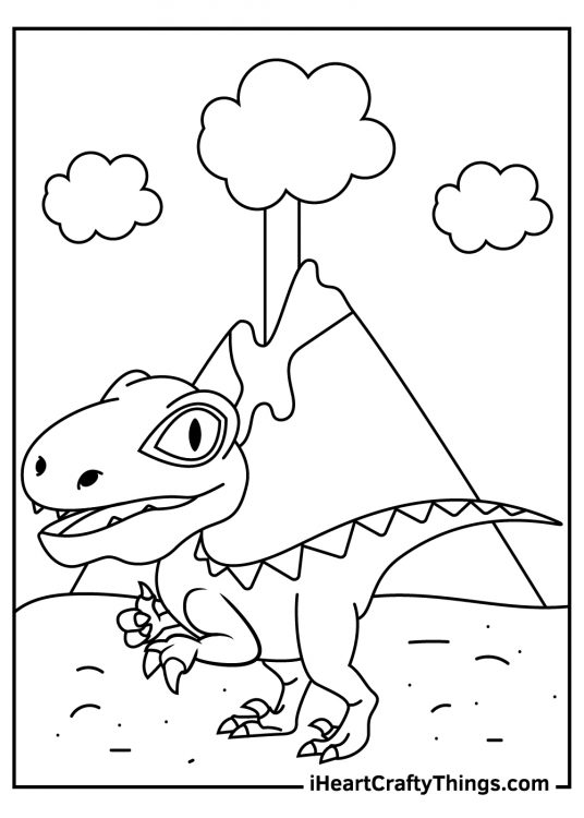 Coloring sheet for kids featuring cartoony velociraptor posing in front of erupting volcano