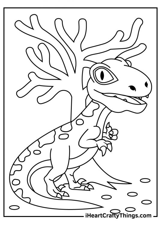 Coloring pucture for children featuring velociraptor posing by unusual-looking prehistoric tree