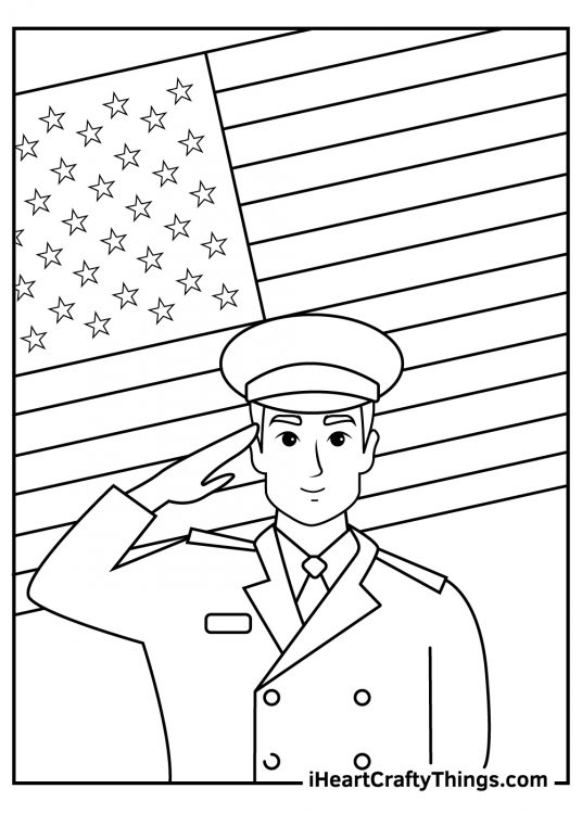 Veterans Day printable patriotic image of a soldier saluting in front of the flag