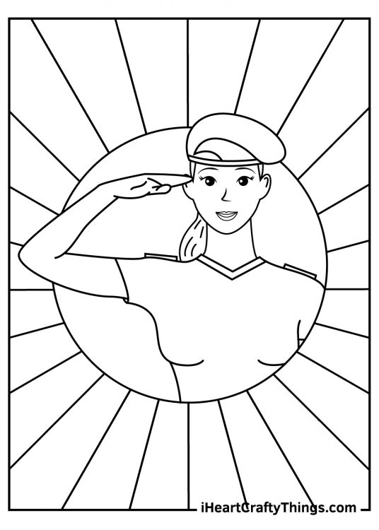 Veterans Day coloring sheet presenting female soldier saluting out at us featured in a shape of sun
