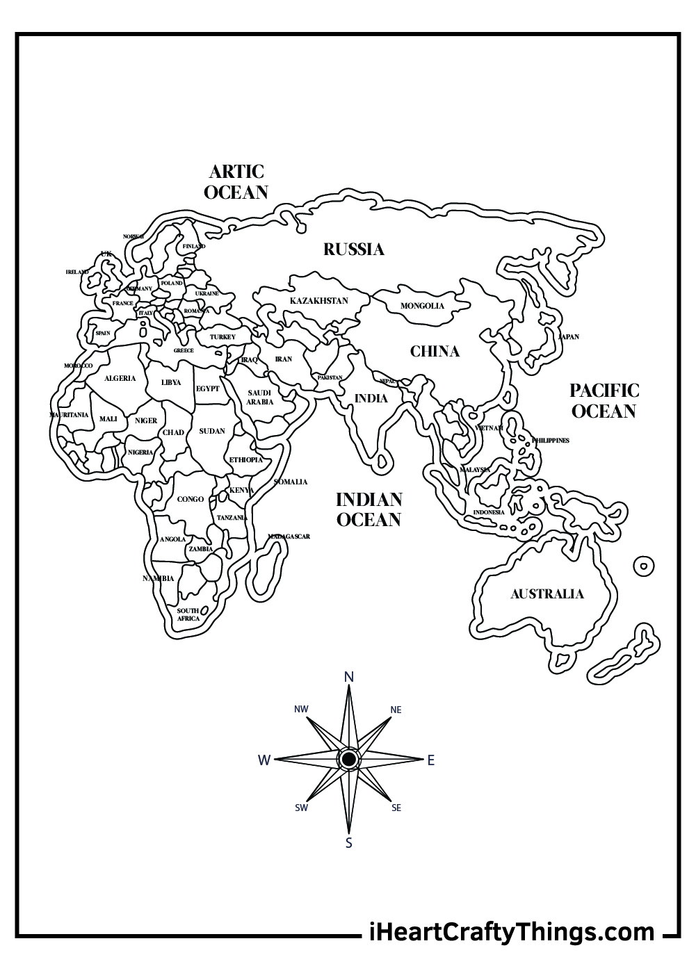 World Map Coloring Page With Countries Labeled