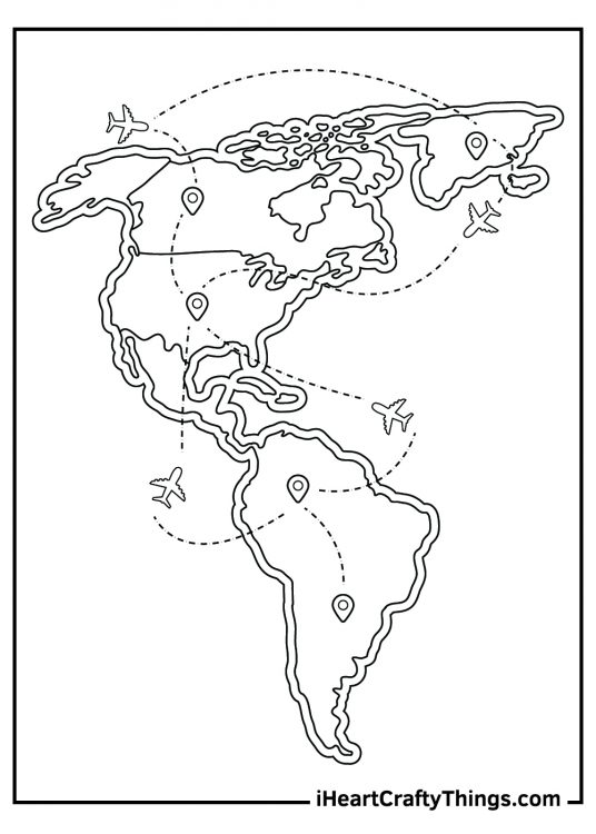 World map coloring page showing North and South America with planes dotting around and flying all over the place