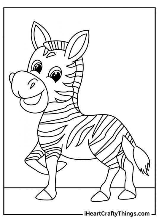 Free coloring printable for kids featuring cute little zebra looking very happy