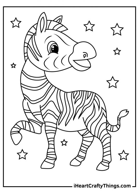 Free printable coloring picture featuring happy cartoony zebra surrounded by stars