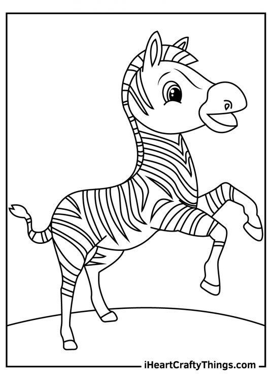 Coloring picture for children of an excited zebra throwing its hooves in the air