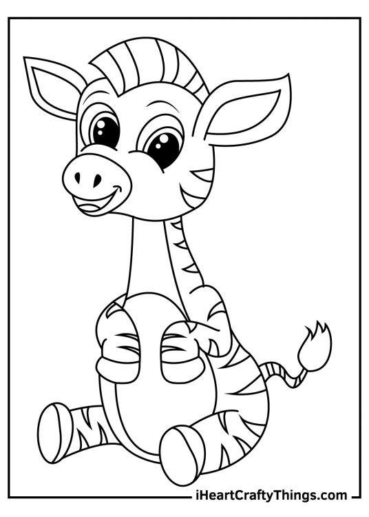 Black-and-white drawing for kids of a little cartoony zebra sitting on its back legs