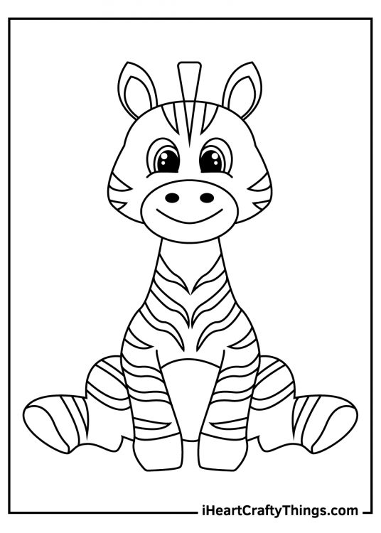Free coloring image of a cute little zebra sitting on its back legs and looking straight at you