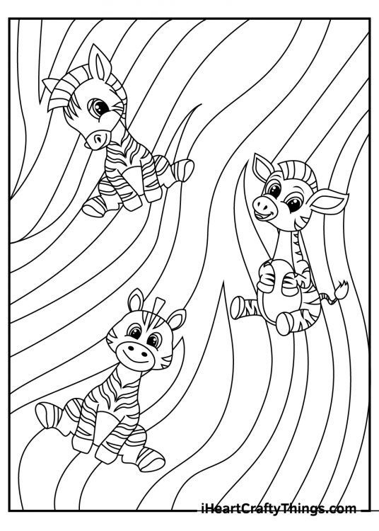 Detailed coloring poster featuring three cute zebras with stripy pattern in the background