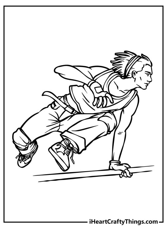 Coloring sheet featuring a boy with long hear wearing cool outfit performing some kind of parkour move