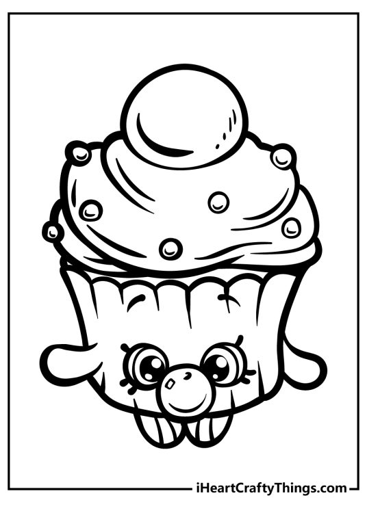 Shopkins coloring page for kids featuring bubblegum-themed cupcake blowing a bubblegum bubble