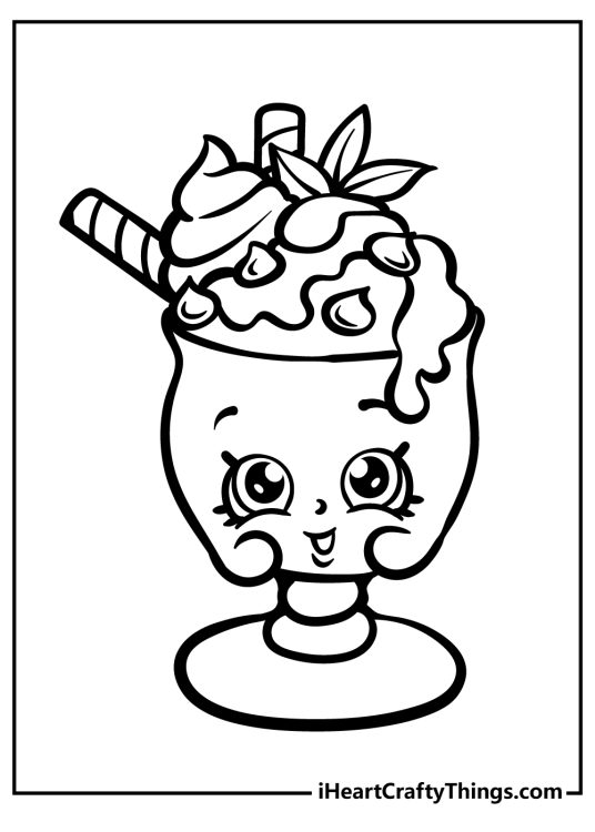 Printable coloring picture of a yummy Shopkins milkshake with many tasty toppings and smiling face