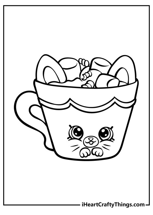 Shopkins-themed picture to print and color of a tasty cup of cocoa with tiny marshmallows