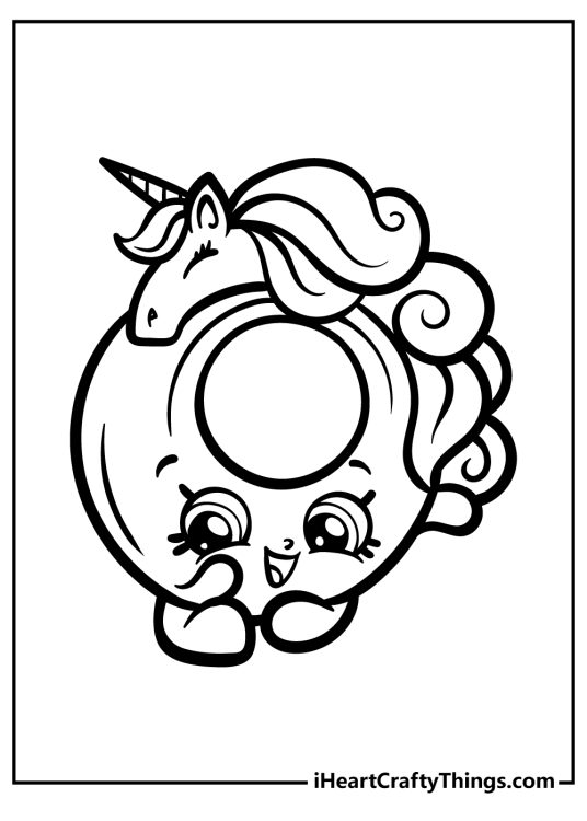 Shopkins printable coloring sheet featuring adorable donut with a unicorn-themed hairstyle