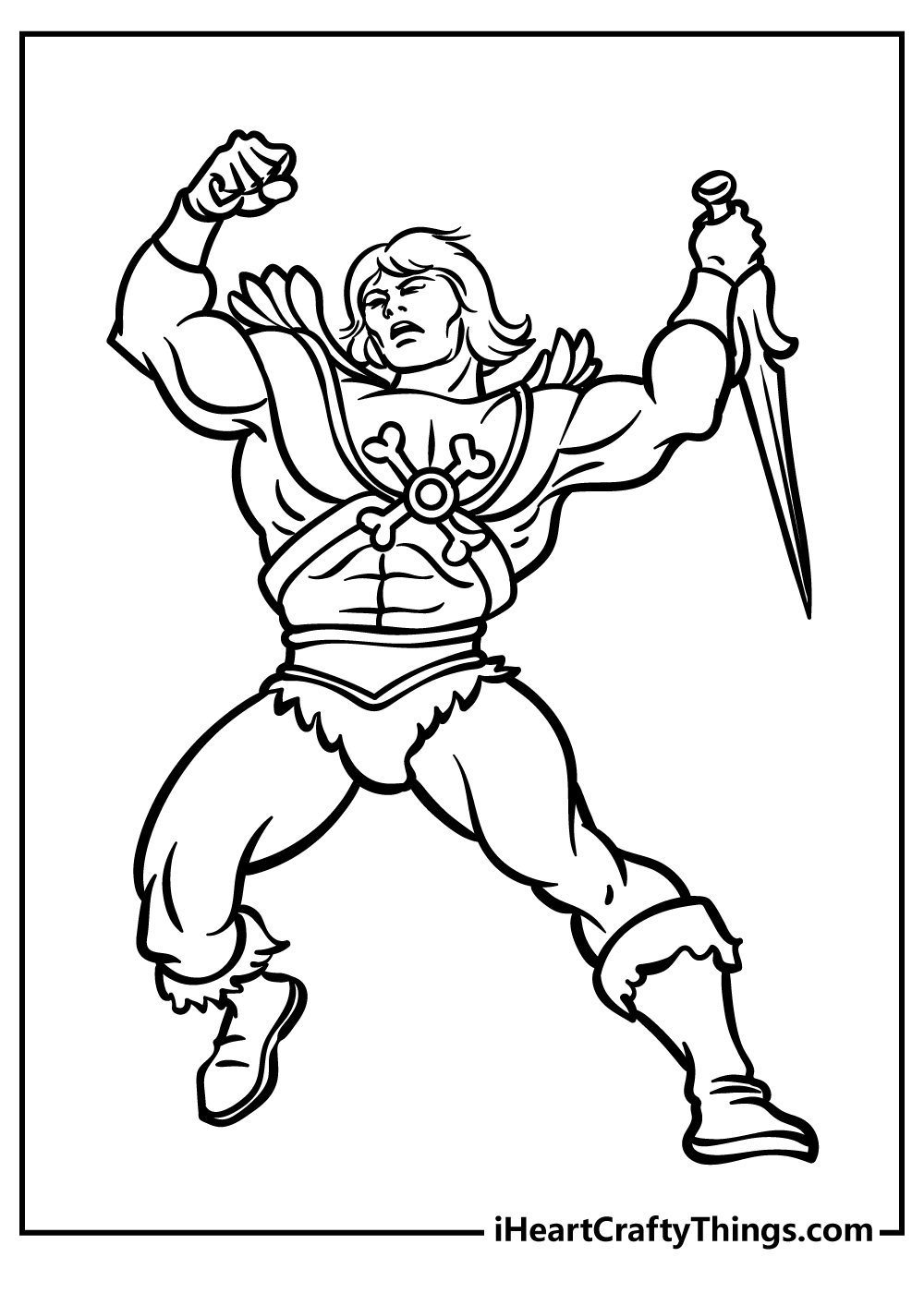 Free coloring printable for boys with an image of mighty warrior He-Man with his signature sword