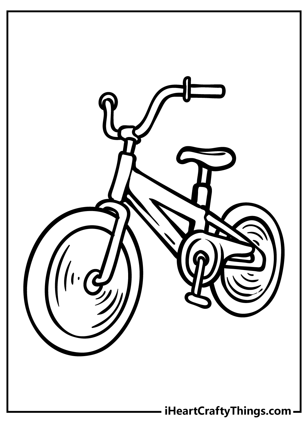 Black-and-white drawing for boys to color featuring two-wheel bike with empty background